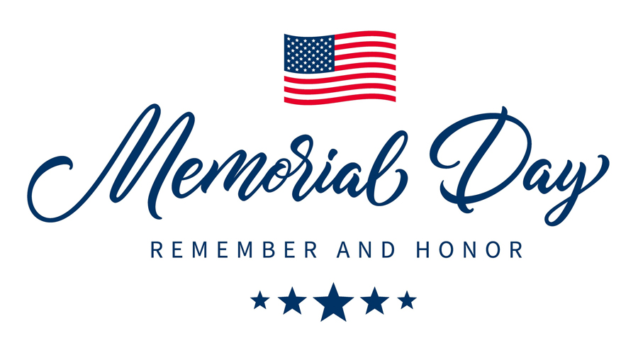 Memorial Day graphic featuring an American flag above the words “Memorial Day” and “Remember and Honor” in patriotic red and blue lettering on a light background.