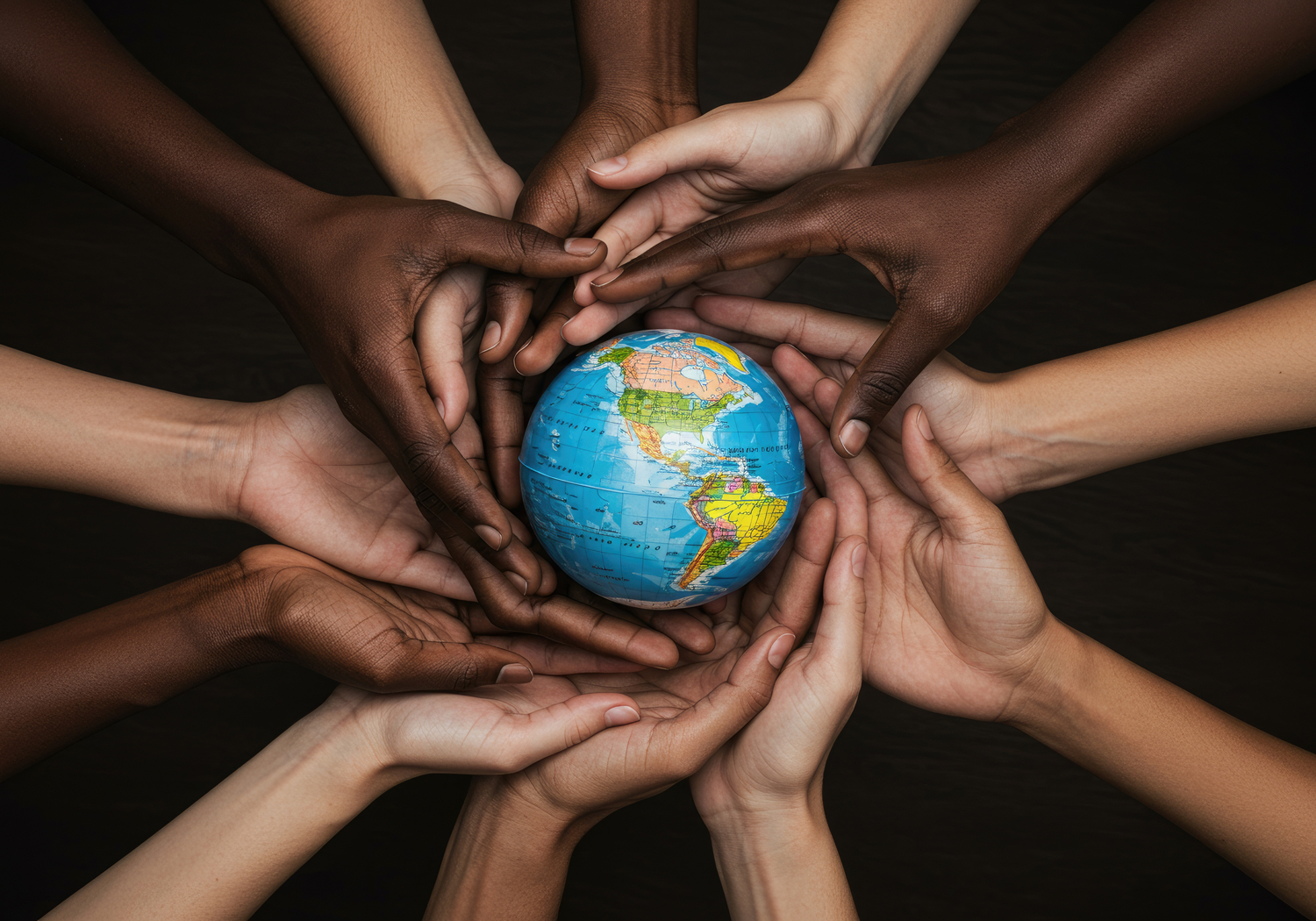 A diverse group of hands gently holding a small globe together, symbolizing global connection and shared learning.