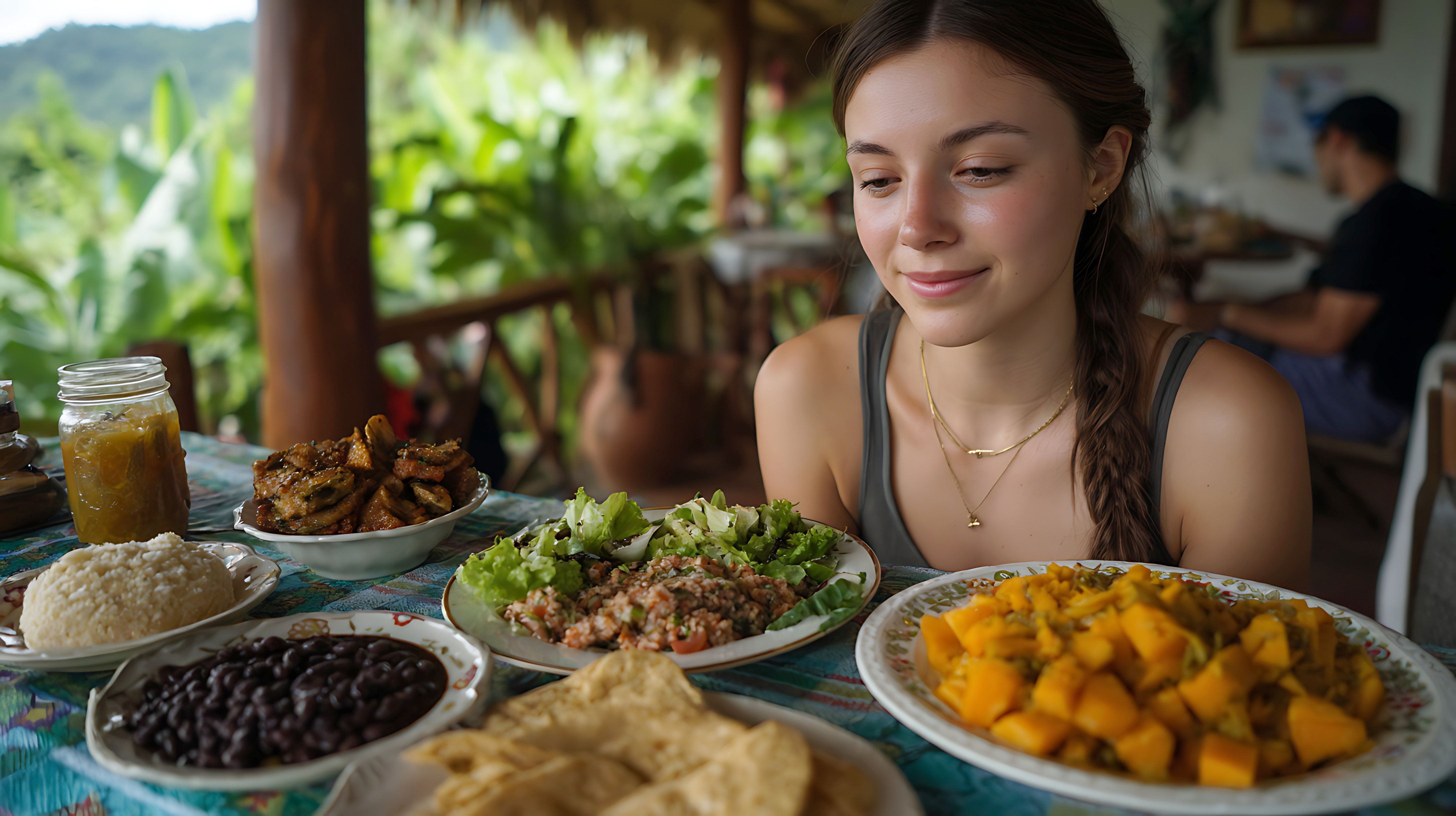 Smiling student sits at a table outdoors with plates of traditional Costa Rican food, including rice, beans, salad, and vegetables, representing cultural immersion during study abroad.