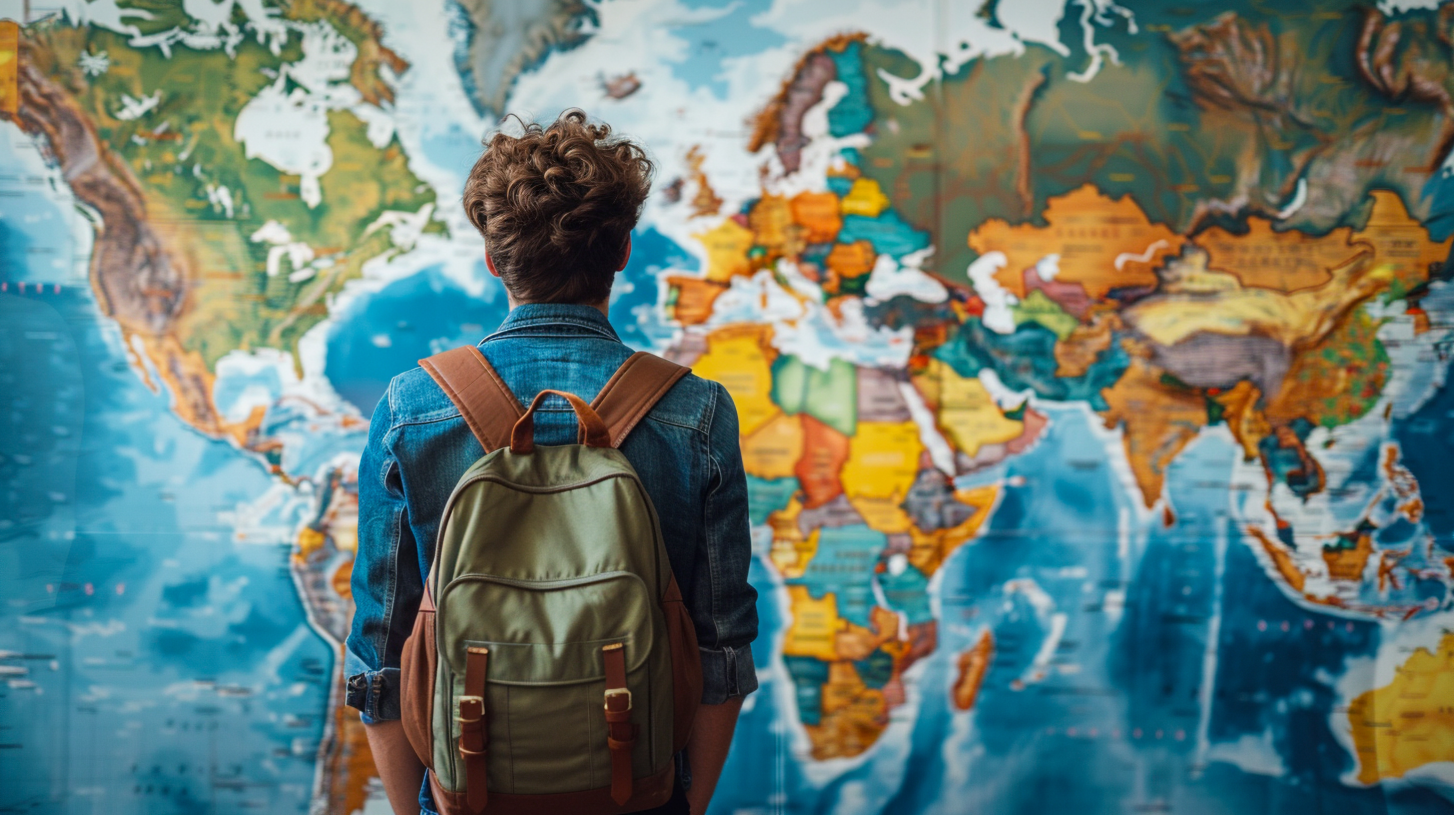 Student wearing a backpack looks at a large world map, symbolizing international study and exploration opportunities.