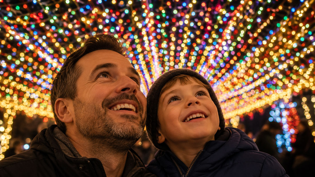 A father and child look up in wonder beneath a canopy of colorful holiday lights at the Sandhills Garden of Lights.