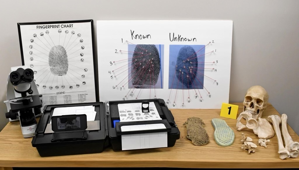 table filled with examples of crime scene evidence