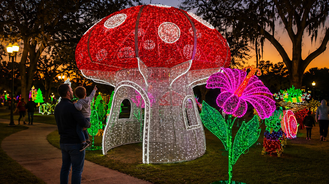 A parent and child admire a giant illuminated mushroom and colorful flower displays at a holiday light event.