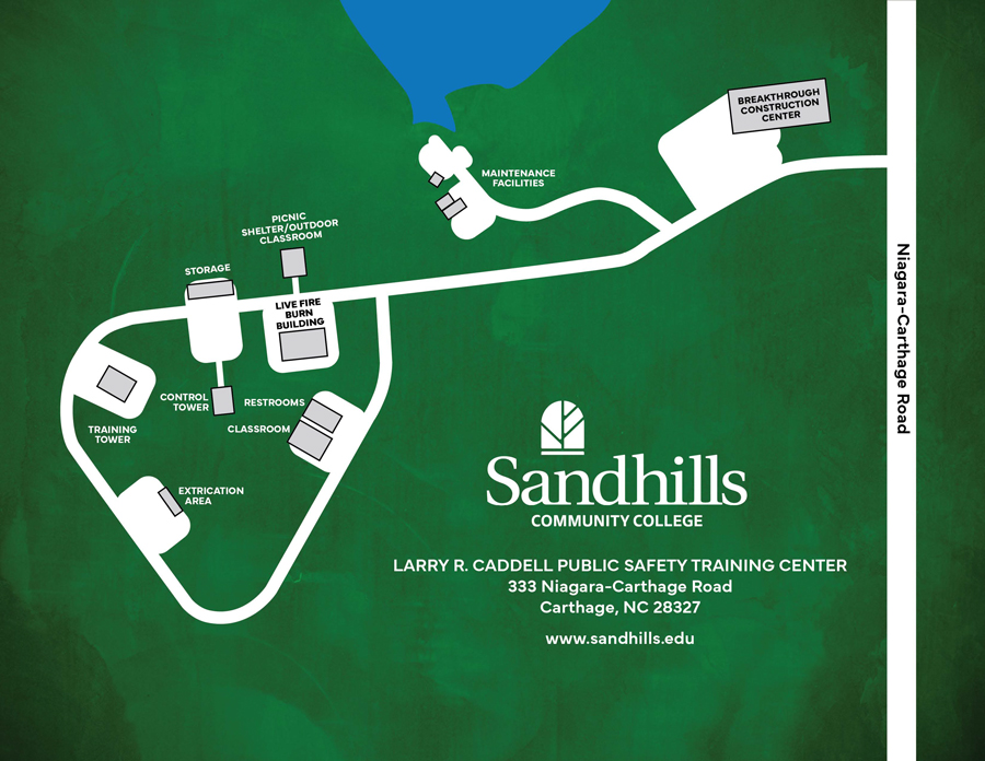 Map of the Sandhills Community College Larry R. Caddell Public Safety Training Center at 333 Niagara-Carthage Road in Carthage, North Carolina, with Niagara-Carthage Road running along the eastern (right) edge. Campus roadways, training facilities, support buildings, and outdoor training areas are shown. Campus Layout The training center occupies the western (left) half of the map, with support facilities extending northeast toward the main entrance from Niagara-Carthage Road. West (left) side: Training Tower, Extrication Area, Control Tower, Storage Building, and the western training loop road. Center: Live Fire Burn Building, Classroom, Restrooms, Picnic Shelter/Outdoor Classroom, and connecting campus roadways. North (upper center): Maintenance Facilities with an access road leading toward the main entrance. East (right) side: Breakthrough Construction Center, the primary campus entrance, and Niagara-Carthage Road. Training Features The map identifies specialized public safety training facilities including the Live Fire Burn Building, Training Tower, Control Tower, Extrication Area, Classroom, Picnic Shelter/Outdoor Classroom, Maintenance Facilities, Storage Building, and the Breakthrough Construction Center. Internal roadways connect each training area and support building. The map is intended to help students, instructors, emergency responders, and visitors locate training facilities and navigate the Larry R. Caddell Public Safety Training Center campus.