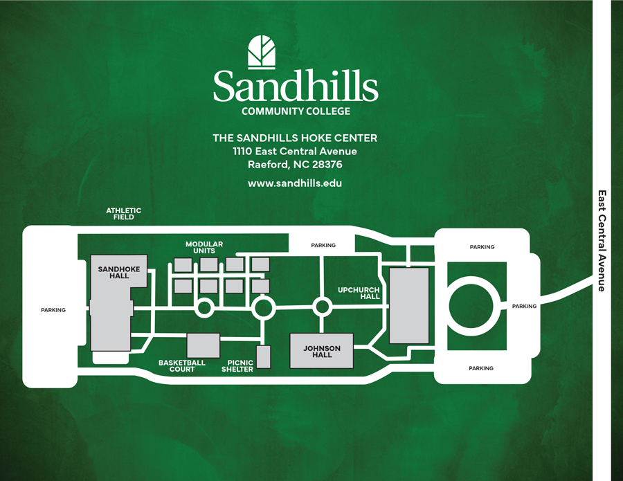 Map of the Sandhills Community College Hoke Center campus at 1110 East Central Avenue in Raeford, North Carolina, with East Central Avenue running along the eastern (right) edge. Campus buildings, parking areas, roadways, sidewalks, and outdoor facilities are shown. Campus Layout The Hoke Center campus occupies the center of the map. West (left) side: SandHoke Hall, an adjacent parking area, the athletic field, and the western campus entrance. Center: Modular Units, Johnson Hall, the basketball court, picnic shelter, landscaped walkways, connecting roads, and several small parking areas. East (right) side: Upchurch Hall, the main campus entrance from East Central Avenue, a circular driveway, and multiple visitor parking areas. Outdoor Features The map identifies the athletic field on the northwest side of campus, modular classroom units near the center, a basketball court and picnic shelter south of the central walkway, and parking areas surrounding the campus. Sidewalks and internal roadways connect all major buildings and outdoor facilities. The map is intended to help students, employees, and visitors locate campus buildings, parking areas, and outdoor amenities at the Sandhills Community College Hoke Center.