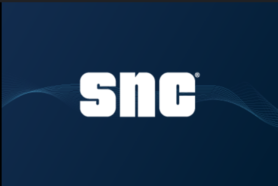 SNC logo in white lettering centered on a dark blue background with subtle wave graphics.