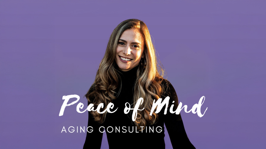Samantha Patterson, founder of Peace of Mind Aging Consulting, smiling against a purple background.