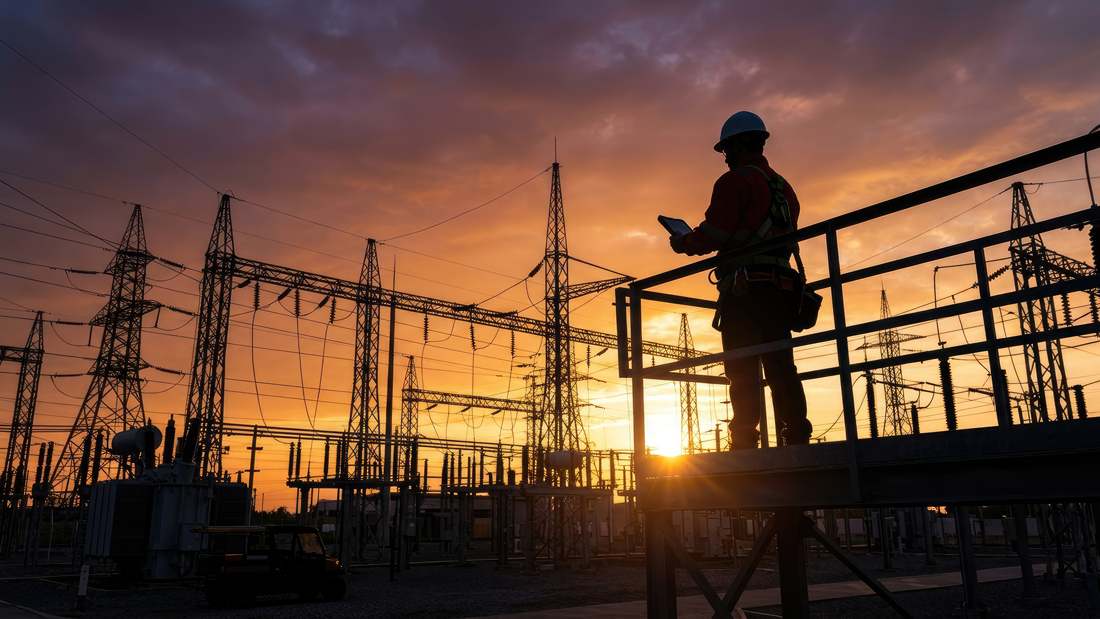 An electrical worker uses a tablet while standing in a power substation at sunset.