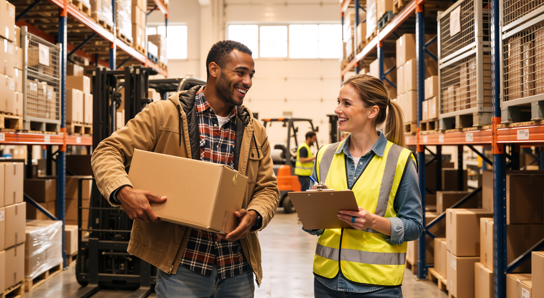 Diverse warehouse workers talking and holding a box and clipboard. Smiling male and female logistics employees in a distribution center. Teamwork and inventory management concept