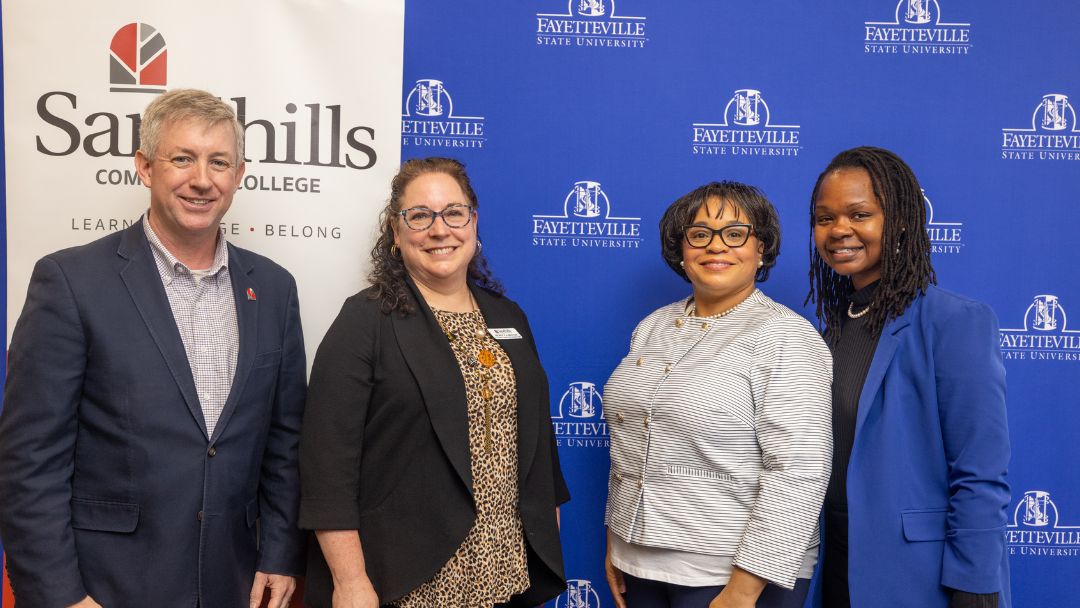 SCC and FSU leadership pose for a photo after signing. From left: Dr. Sandy Stewart, Dr. Rebecca Roush, Dr. Cierra Griffin, and Dr. Sonja M. Brown.