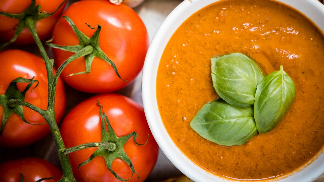 Pictured is roasted tomato soup.