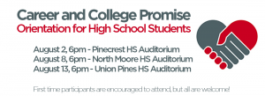 Career and College Promise HS Orientations at 6pm - Aug. 2, Pinecrest, Aug. 8, North Moore, Aug. 13, Union Pines