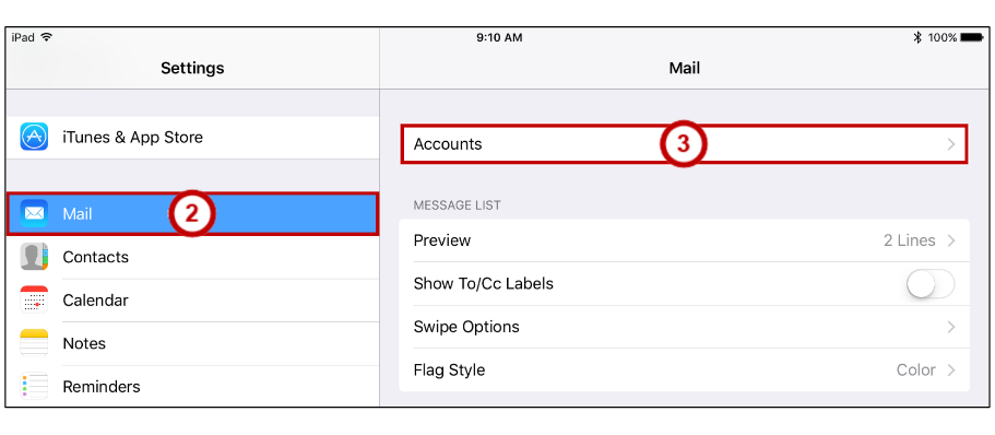 Tap Settings, Mail, Accounts