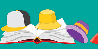 Illustrated image of a book and hats.