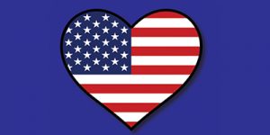 Blue background, heart shape, with an American flag inside.