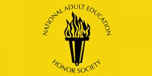 Yellow background, with text that reads "National Adult Education Honor Society," and their logo.